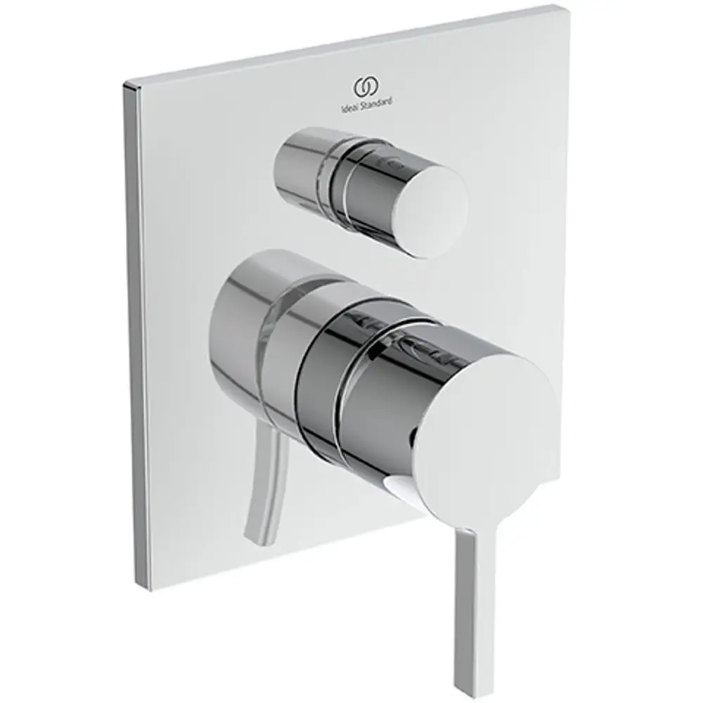 Wandmontierte Armatur in Chrom-Optik von Ideal Standard mit zwei Bedienknöpfen zur Steuerung von Wasserfluss und Temperatur.